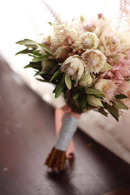 honey and poppies 038 by honey and poppies, via Flickr Astilbe Wedding, Blushing Bride Flower, Blushing Bride Protea, Astilbe Bouquet, Protea Wedding, Protea Bouquet, Peach Bouquet, Poppy Bouquet, Bride Flower