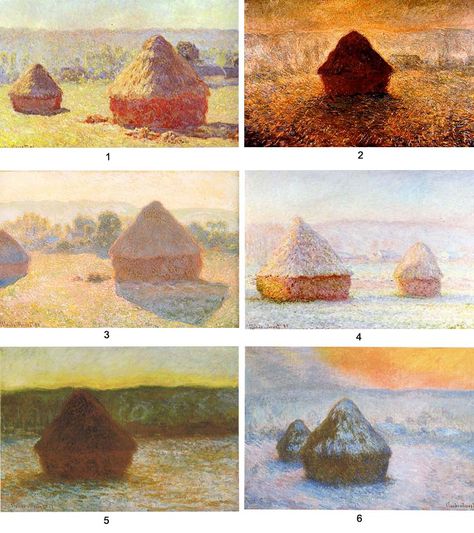 We give 6 examples of Monet haystack paintings with Monet's own description of the time of day or season in which he painted them. Can you match his description to the painting? Monet Haystacks Paintings, Claude Monet Haystacks, Haystack Paintings, Monet Haystacks, Artist Monet, Times Of The Day, Claude Monet Paintings, Plein Air Landscape, Monet Art