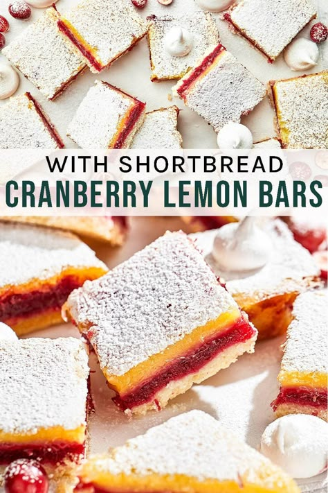 Cranberry Lemon Bars Tangy and just sweet enough, cranberry lemon bars are a beautiful layered dessert bar with a shortbread base and layered lemon curd and a thick cranberry jam. Shortbread Jam Bars, Lemon Cranberry Recipes, Lemon Cranberry Cheesecake Bars, Lemon Cranberry Bars, Cranberry Deserts, Cranberry Lemon Bars, Recipes Using Lemon Curd, Cranberry Recipes Dessert, Cranberry Cheesecake Bars