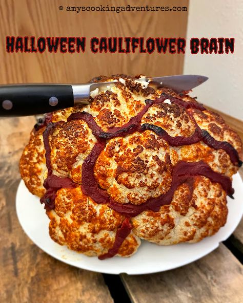 Spicy Roasted Cauliflower Brain Halloween Cauliflower, Cauliflower Brain Halloween, Cauliflower Brain, Romesco Cauliflower, Roasted Honey Paprika Cauliflower, Spicy Roasted Cauliflower, Halloween Platter, Dessert Cups Recipes, Bleu Cheese