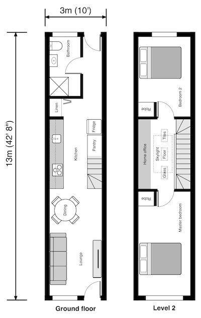 Long Tiny House, Narrow Houses, Narrow Townhouse Plans, Long Narrow House, Narrow Apartment Layout, Narrow Floor Plans, Small Narrow House Design, Narrow Apartment, Long House Floor Plans