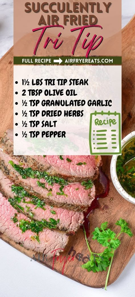 This easy Air Fryer Tri Tip Recipe will teach you exactly how to make an amazingly juicy and flavorful beef roast in the air fryer! It takes less than 20 minutes to make this entire tri-tip roast using this simple method, and the resulting sliced steak is perfectly cooked. Tri Tip In Air Fryer, Air Fryer Tri Tip, Oven Tri Tip, Tritip Roast Recipes, Roast In The Air Fryer, Tri Tip Recipe, Tritip Recipes, Tri Tip Roast, Tri Tip Steak