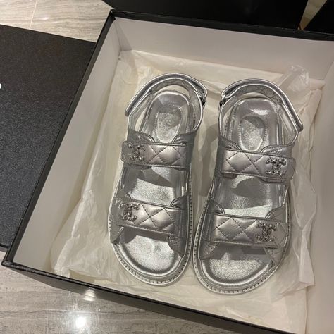 Sandals Aesthetic, Chanel Slides, Chanel Aesthetic, Dad Sandals, Dior Sandals, Grey Sandals, Chanel Sandals, Slides Sandals, Metallic Sandals