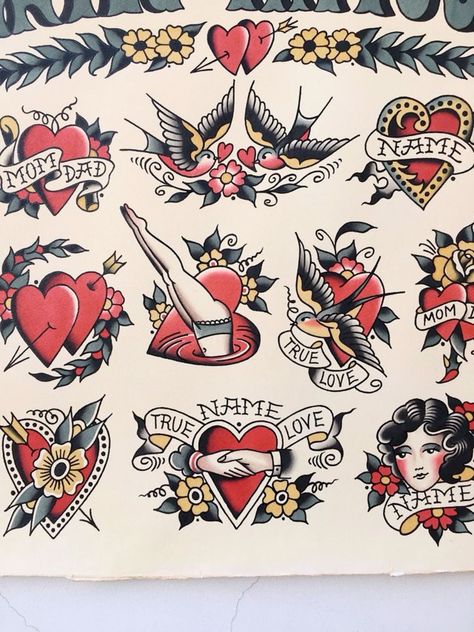 Vintage Heart Tattoo Old School, American Trad Heart Tattoo, Traditional Heart Tattoo Flash, Traditional Love Heart Tattoo, Old School Flash Sheet, American Trad Tattoo Flash, American Traditional Tattoo Flash Sheet, Vintage American Traditional Tattoo Flash, Classic Tattoo Old School