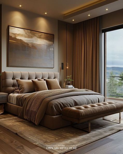 Earthy Bedroom Design, Earthy Tones Palette, Bedroom Inspirations Master Modern Luxury, Cozy Warm Bedroom, Bedroom Master Modern, Luxurious Bedrooms Master, Royal Bedroom Design, House Reference, Bedroom Furniture Inspiration