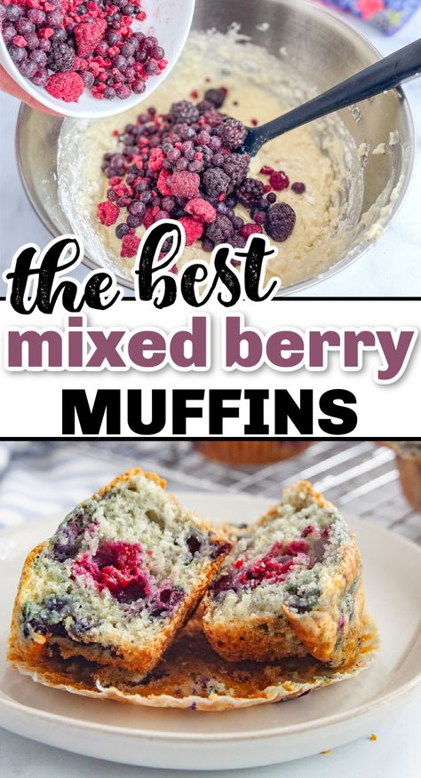 Muffins Mixed Berry, Frozen Fruit Baking Recipes, Yogurt Berry Muffins, Recipes Using Mixed Berries, Berries Muffin Recipe, Frozen Berry Breakfast Ideas, Frozen Berry Bread, Frozen Triple Berry Recipes, Mixed Berries Muffins