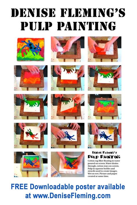 Visit DeniseFleming.com to learn about pulp painting, watch a video demonstration, download papermaking crafts, and more! Pulp Painting, Read Poster, Activity Printables, Books And Art, Coloring Posters, Pulp Paper, Author Study, Paper Pulp, Art Cart