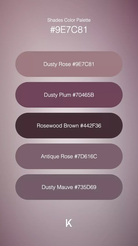 Shades Color Palette Dusty Rose #9E7C81 · Dusty Plum #70465B · Rosewood Brown #442F36 · Antique Rose #7D616C · Dusty Mauve #735D69 Deep Mauve Color Palette, Dusty Mauve Color Palette, Mauve Colour Palette, Bestie Marriage, Dusty Rose Palette, Dusty Color Palette, Color Palette Dusty Rose, Purple Hex, Rosewood Color