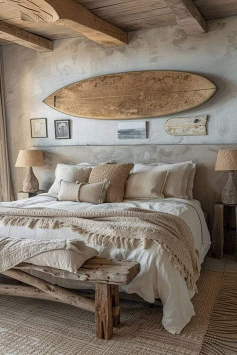 Boho Beach Interior, Surfer Boho Bedroom, Costal Bedroom Design, Coastal Cowgirl Interior Design, Rustic Beach Bedroom, Vintage Beach Bedroom, Beach Shack Bedroom, French Cottage Style Bedroom, Boho Surf Bedroom