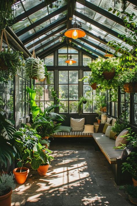 30 Greenhouse Ideas: Creative Designs for Your Home Garden Greenhouse Breezeway To Garage, Sunroom Greenhouse Ideas, Greenhouse Hangout Ideas, Breezeway Greenhouse, Modern Greenhouse Attached To House, Greenhouse Yoga Studio, Greenhouse Sitting Area, Garden House Aesthetic, Greenhouse Seating