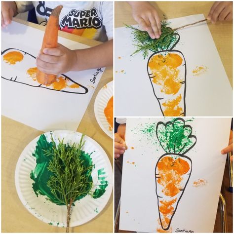 Veggie Art Preschool, Fruit And Vegetable Art Preschool, Carrot Activity For Preschool, Vegetable Garden Crafts For Toddlers, V Is For Vegetable Preschool, Carrot Preschool Craft, Vegetable Garden Art Preschool, Carrot Art Preschool, Painting With Vegetables Preschool