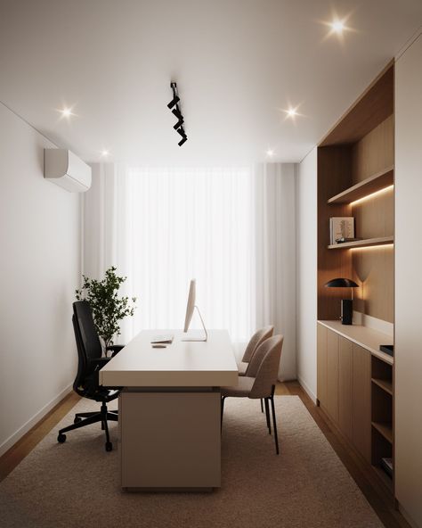 Private workspace within the office, featuring a modern, minimalist design that emphasizes functionality and style. A large, sleek white desk dominates the space, with an Apple computer set up for work. The desk is accompanied by a high-quality black ergonomic chair on one side, presumably for the office user, while two upholstered beige chairs with slim black legs face the desk, inviting clients or colleagues for discussions. Private Workspace, Beige Chair, Computer Set, White Desk, Modern Minimalist Design, Apple Computer, White Desks, Ergonomic Chair, Black Legs