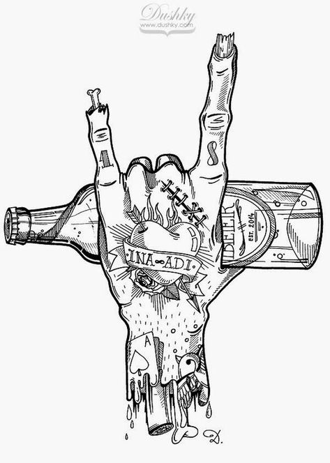 Zombie rock hand with tattoos! This is totally us if there is a zombie apocalypse!   Art | Music | Drawing | Ideas Zombie Hand Tattoo, Wedding Invite Illustration, Invite Illustration, Beer Tattoos, Bottle Tattoo, Tattoo Zeichnungen, Elegant Nail, Zombie Hand, Rock Hand