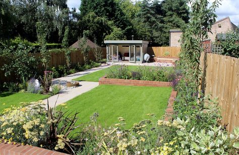 Family Friendly Garden Design, Garden Design Rectangle, Modern Family Garden Design, Long Rectangle Garden Design, 1930s Garden Design, Long Rectangular Garden Design, Rectangular Garden Design Plans, Rectangular Garden Design Ideas, Garden Zoning Ideas