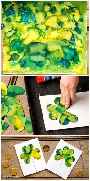 Shamrock Watercolor, Saint Patricks Day Art, March Crafts, St Patricks Day Cards, St Patricks Crafts, St Patricks Day Crafts For Kids, St Patrick Day Activities, Cards Easy, St Patrick's Day Crafts