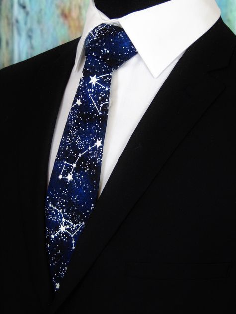 Constellation Tie – Mens Constellation Pattern Necktie. by EdsNeckties on Etsy Constellation Pattern, Make A Tie, Celestial Wedding, Broken Arrow, Star Constellations, Tie Men's, Navy Blue Background, Character Outfits, Pocket Square