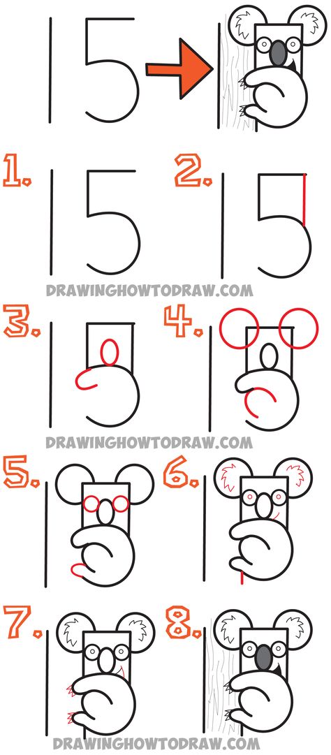 Learn How to Draw a Cartoon Koala Bear from the Number 15 - Simple Drawing Lesson for Kids Drawing Animals From Numbers, Draw Pictures From Numbers, How To Draw Using Numbers, How To Draw With Numbers, Drawing With Numbers Kids, Draw From Numbers, Number Drawing Ideas, Number Drawings, Cartoon Koala