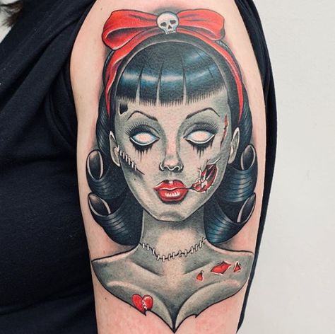 Women Of Horror Tattoo, Old School Zombie Tattoo, Zombie Tattoos For Women, Pinup Tattoo Placement, Zombie Nurse Tattoo, Bettie Page Tattoo, 1920s Tattoo Ideas, Gothic Pinup Tattoo, Pin Up Tattoos For Women