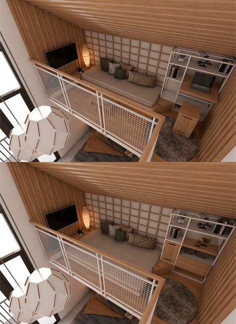 Mezzanine Staircase Ideas, Mezzanine Small Space, Loft Mezzanine Ideas, Tiny Mezzanine Bedroom, Small Mezannine Loft Interior Design, Wooden Mezzanine Structure, Bedroom With Mezzanine Floor, Loft Bedroom Idea, Small House Mezzanine