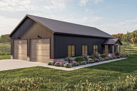 Single-Story, 2-Bedroom Barndominium-Style House with an Oversized Garage (Floor Plans) Simple Shop House Ideas, Simple Farmhouse Plans, Barnodium Homes, Shop Houses, French Front Doors, Shed House Plans, Barn Plan, Garage Addition, Barndominium Plans