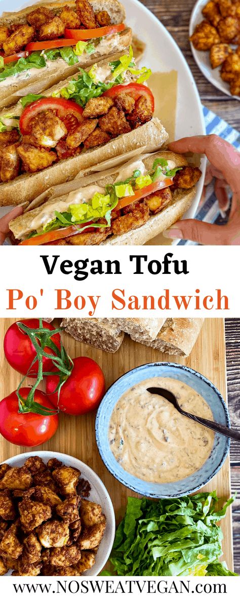 Vegan Cajun Recipes, Seasoned Tofu, Vegan Cajun, Po Boy Sandwich, Tofu Nuggets, Vegan Sandwich Recipes, Tofu Sandwich, Vegan Tofu, Veggie Sandwich