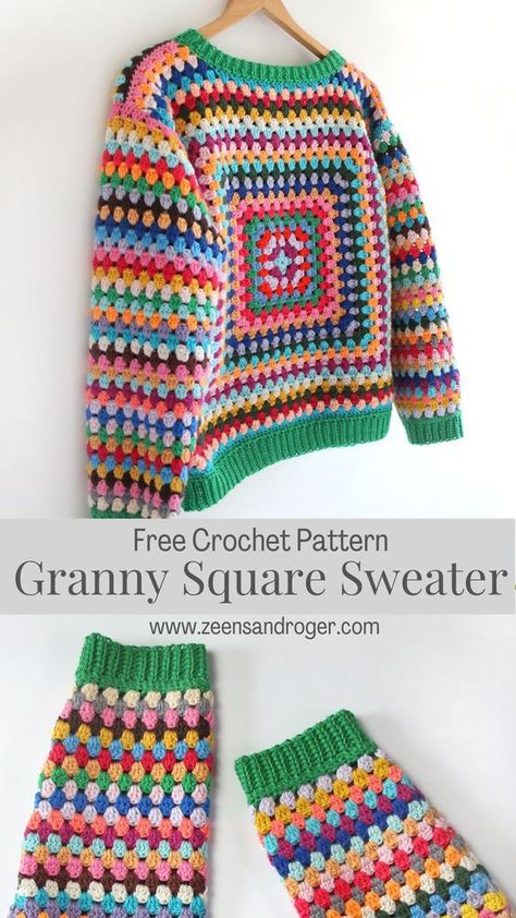 Crochet Scrap Cardigan Pattern, Crochet Granny Square Jumper Pattern, Crochet Easy Granny Square Free Pattern, Crochet Fair Isle Sweater Pattern, Granny Square Crochet Pattern Clothes, Crochet Cardigan Pattern Free Granny Squares, Crochet Square Jumper, Easy Granny Square Sweater, Easy Granny Square Cardigan