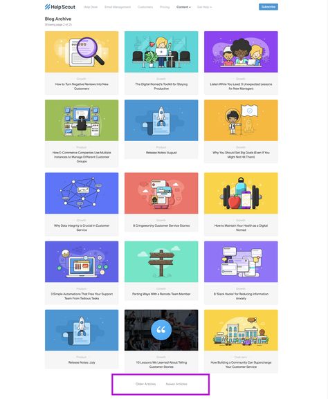 HelpScout's Blog Archive page as a grid. There is a box highlighting the "previous" and "next" buttons at the bottom. Blog Archive Page Design, Grid Design, Blog Design, Ux Design, Page Design, A Box, Typography, Graphic Design, Quick Saves