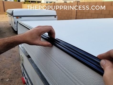 Pop Up Camper Roof Rebuild - Installing new vinyl insert trim on our pop up camper roof. #popupcamper #campermaintenance #tenttrailer Pop Up Camper Roof Repair, Pop Up Camper Canvas Replacement, Pop Up Camper Ceiling Remodel, Pop Up Camper Exterior, Roof Camping, Best Pop Up Campers, Pop Up Campers, Pop Up Princess, Popup Camper Remodel