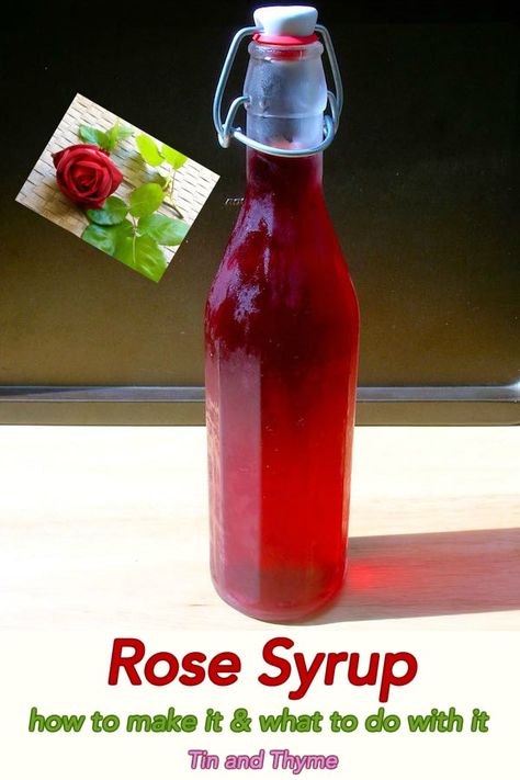 Rose Syrup Recipe. How to make it & what to do with it. All you need for this easy recipe are some highly scented unsprayed roses. Once you've made it, it becomes a store cupboard essential as it has so many uses. #TinandThyme #RoseSyrup #RoseRecipes #HomemadeSyrups #HomemadeCordial #roses Rose Syrup Recipe, Cordial Recipe, Rose Syrup, Easy Rose, Edible Flowers Recipes, Simple Syrup Recipes, Rose Soft, Soda Drink, How To Make Rose