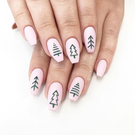 Christmas tree nails Line Christmas Tree Nails, Simple Tree Nail Art, Simple Christmas Tree Nail Art, Tree Nails Christmas, Tree On Nails, Simple Christmas Tree Nails, Mountain Nails, Tree Nail Designs, Christmas Tree Outline