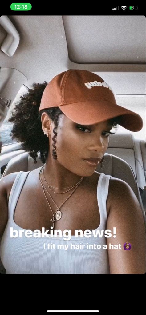 4c Hair With Hat, Low Bun With Hat Black Women, 4c Hat Hairstyles, Natural Hairstyles With Hats, Slick Back Bun With Hat, Natural Hair Baseball Cap, Short Curly Hair Hat Hairstyles, Natural Gym Hairstyles, Natural Hair Hat Styles