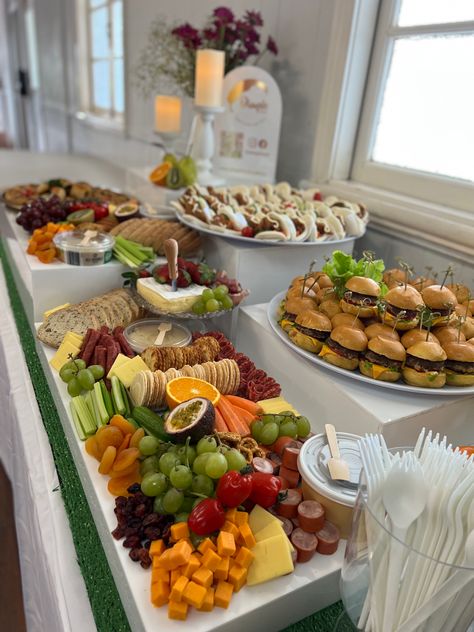 Grazing table with white riser Baby Shower Grazing Table Ideas, Baby Shower Grazing Table, First Birthday Decorations Boy, Acrylic Risers, Catering Platters, Creative Catering, Grazing Table, Brisbane Queensland, Catering Company