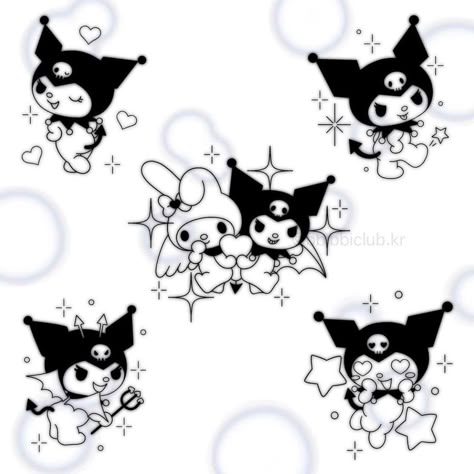 Kuromi Tattoo Stencil, Hello Kitty And Friends Tattoo Ideas, Hello Kitty Kuromi Tattoo, Kuromi Flash Tattoo, Kuromi Stencil, Tattoo Ideas Kuromi, Sanrio Flash Tattoo, Kuromi Tattoo Design, Kuromi Tattoo Aesthetic