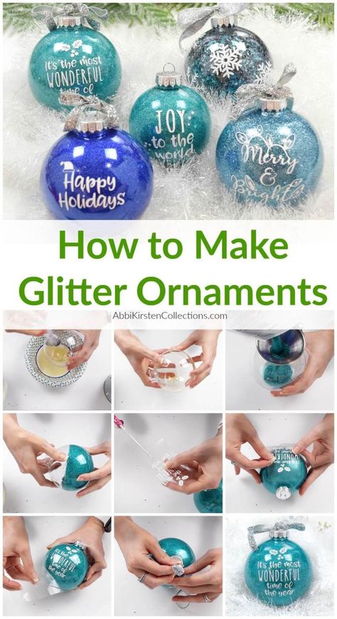 DIY Glitter Ornaments: How to make easy custom Christmas ornaments with vinyl. Free Christmas word SVG cut files and how to put vinyl on a curved surface! Christmas Ornaments With Vinyl, Christmas Balls Diy, Diy Glitter Ornaments, Ball Ornaments Diy, Christmas Ball Ornaments Diy, Cricut Ornaments, Clear Plastic Ornaments, Clear Christmas Ornaments, Christmas Ornaments Easy