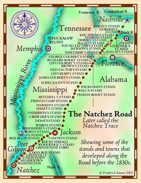 Showing some of the stands and towns that developed along the road before the 1830s Natchez Trace Parkway, Natchez Mississippi, Mississippi Travel, Natchez Trace, American Indian History, Motorcycle Travel, Road Trip Fun, Native American History, Mississippi River