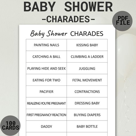 Printable Charades Game for Baby Shower | Baby Shower Group Games | Baby Shower Party Games | Baby Shower Charades | Funny Baby Shower Games Baby Shower Charades, Charades For Kids, Baby Trivia, Charades Game, Funny Baby Shower Games, Baby Shower Party Games, Baby Facts, Guessing Games, Group Games