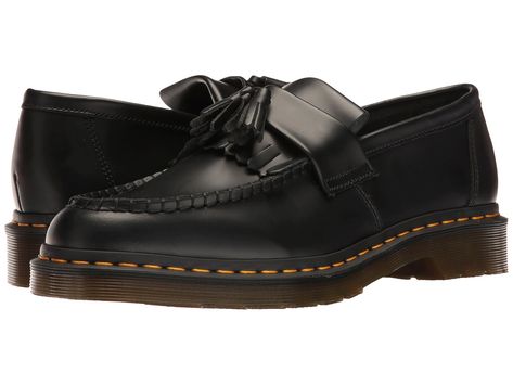 PRICES MAY VARY. UNISEX DRESSY SLIP-ON LOAFERS: Featuring classic kiltie fringe and double tassel, these Dr. Martens Adrian loafers take the classic tassel design and give it a modern upgrade with its clean, sleek silhouette and rich leather design. From casual party looks to work attire, you can easily pair them with different outfits and styles. The soft leather lining of these shoes offers a comfortable next-to-skin feel, making them comfortable to wear all day long. GOODYEAR WELT CONSTRUCTIO Dr Martens Adrian, Black Loafer Shoes, Black Loafers, Tassel Loafers, Unisex Shoes, Goodyear Welt, Leather Tassel, Penny Loafers, Leather Design