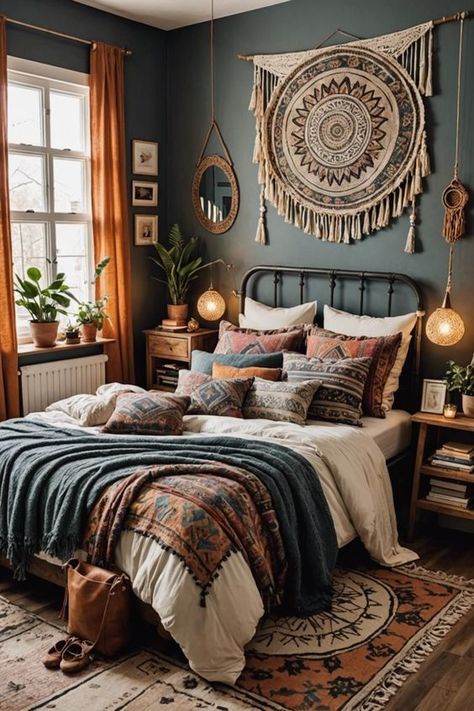 Discover 20 super cozy boho style bedroom ideas to create a tranquil and inviting space. Embrace bohemian vibes with warm colors, ethnic textiles, eclectic patterns, and natural textures. Soft lighting and candles add a soothing ambiance. Transform your bedroom into a sanctuary of comfort and style. Boho Eclectic Decor Bedroom, Colorful Bohemian Bedroom Decor, Funky Bedroom, Boho Decorations, Aztec Decor, Boho Style Bedroom, Cozy Boho, Bohemian Vibes, Home Decor Hacks