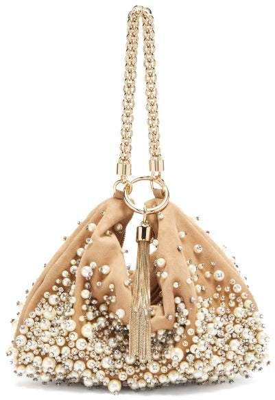 Jimmy Choo - Callie Faux Pearl Embellished Suede Clutch - Womens - Nude Multi Evening Purses Classy, Bridal Pouch, Small Purses And Handbags, Diy Clutch Bag, Embellished Purses, Jimmy Choo Boots, Jimmy Choo Bridal, Vintage Evening Bags, Embellished Bags