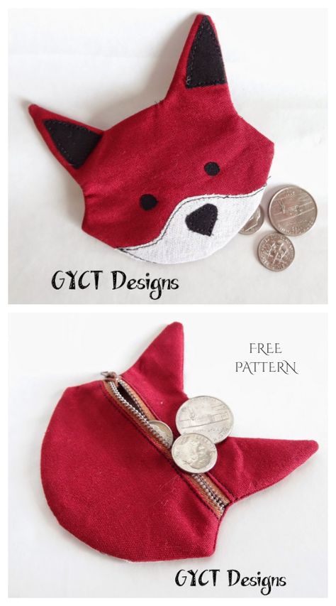 DIY Fabric Fox Coin Purse Free Sewing Pattern & Tutorial Diy Coin Purse, Coin Purse Pattern, Tote Bag Pattern Free, Fabric Sewing Patterns, Sewing Business, Beginner Sewing, Beginner Sewing Projects Easy, Diy Purse, Pouch Pattern