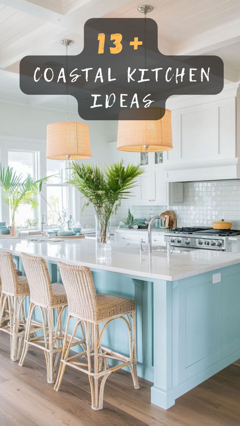 Dreaming of a beach-inspired kitchen? Click to explore 13 coastal kitchen ideas that bring the seaside charm right to your home. 🌊🍴 #CoastalKitchen #BeachStyle #KitchenDesign #HomeDecor #SeasideChic Coastal Boho Kitchen Decor, Coastal Kitchen Inspiration, Beach House Countertops, Beachy Kitchen Decor, Small Beach House Kitchen Remodel, Beach Kitchens Coastal, Beach Cottage Kitchens Coastal Style, White Kitchen With Blue Accents, Costal Kitchens