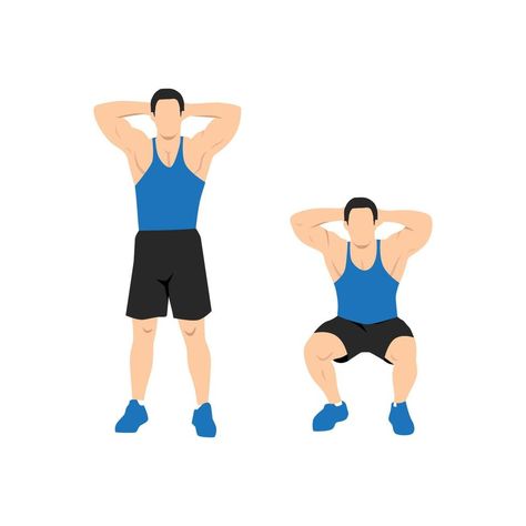 Bodyweight Squat. Young man doing sport exercise. Hand on the back of head flat vector illustration isolated on different layers Squat Workout, Body Weight, Mens Fitness, Sport Fitness, Vector Art, Vector Illustration