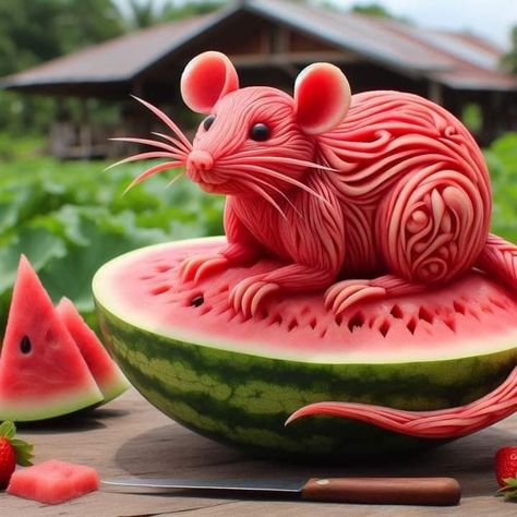 Watermelon Animals, Watermelon Boat, Food On A Plate, Fruit Artwork, Fruit Animals, Watermelon Art, Food Sculpture, Amazing Food Decoration, Fruit And Vegetable Carving