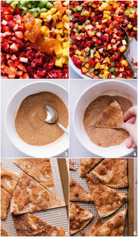 Fruit Salsa {With Cinnamon Sugar Chips!} | Chelsea's Messy Apron Fruit Dip With Cinnamon Pita Chips, Easy Fruit Salsa, Fruit Salsa And Cinnamon Chips, Cinnamon Sugar Chips, Homemade Frozen Yogurt Recipes, Cinnamon Chip Recipes, Strawberry Mango Salsa, Kiwi Salsa, Simple Salsa