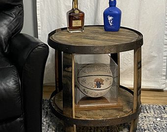 Wine Barrel Storage, Bourbon Barrel Table, Barrel End Table, Whiskey Barrel Table, Barrel Coffee Table, Oak Bar, Oak Bar Stools, Barrel Projects, Man Cave Furniture