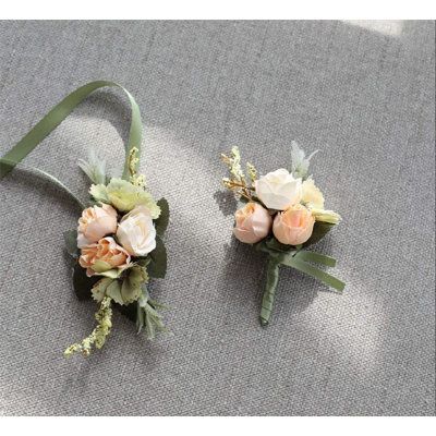 Material: artificial flower, high quality satin. Color: Coral | Le Prise™ 2 Piece Artificial Flowers Decorative Accent Set in Orange, Size 4.33 H x 2.76 W x 2.76 D in | Wayfair Flower Suit, Wedding Wrist Corsage, Corsage And Boutonniere Set, Wrist Flowers, Corsage And Boutonniere, Hand Flowers, Ribbon Flower, Wedding Flower Decorations, Letter Gifts