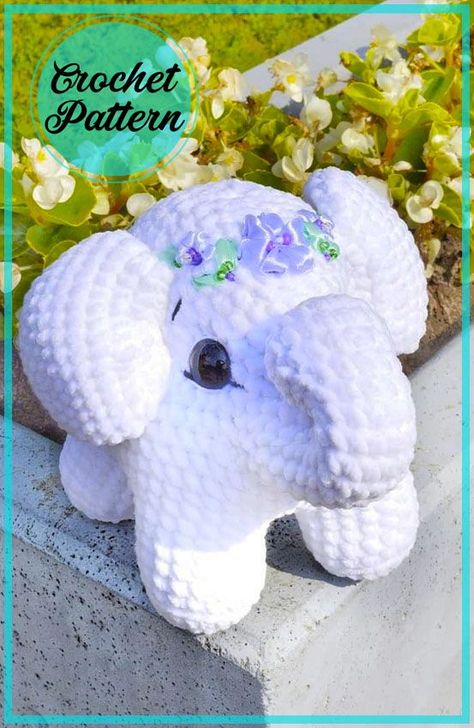 Marshmallow Amigurumi, Crochet Butterflies, Crochet Elephant Pattern, Crochet Toys Free, Crochet Baby Toys, Crochet Animals Free Patterns, Crochet Elephant, Elephant Plush, Crochet Amigurumi Free