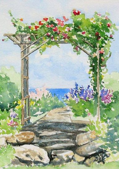 pergola fleurie Flower Garden Watercolor, Watercolor Flower Garden, Garden Watercolor Painting, Maine Garden, Funny Vine, Maine Art, Garden Watercolor, Watercolor Paintings Easy, Watercolor Ideas