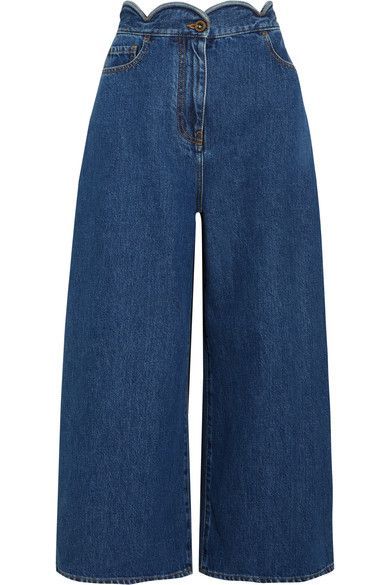 Valentino Cropped Scalloped High-rise Wide-leg Jeans In Denim | Scallop Pants, Maxi Frocks, Cargo Pants Outfit, High Rise Wide Leg Jeans, Boho Hippie Chic, Causal Outfits, Top Designer Brands, Pre Fall, Shibori