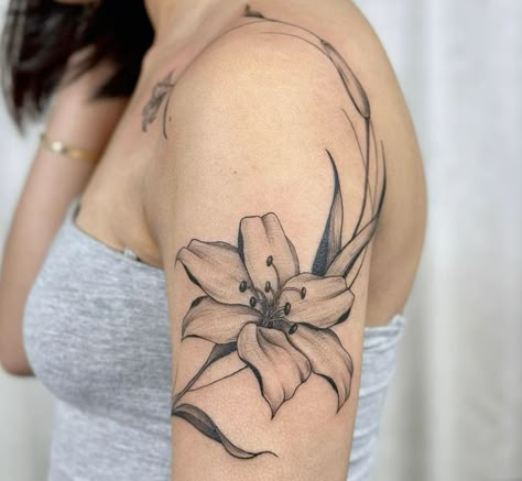 Lily Flower Tattoos Thigh, Lilies Sleeve Tattoo, Lilies Arm Tattoo, Tiger Lily Arm Tattoo, Big Lily Tattoo, Water Lily Arm Tattoo, Stargaze Lily Tattoo, Lily Tattoo Upper Arm, Lily Tattoo On Arm